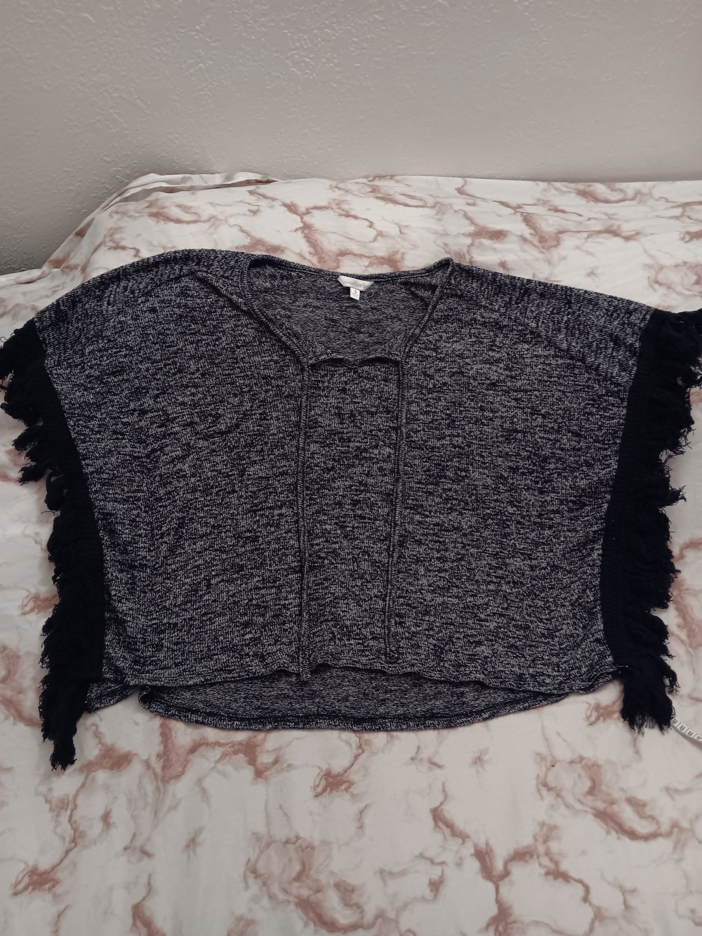 Navy Blue Knit Fringe Poncho Blouse